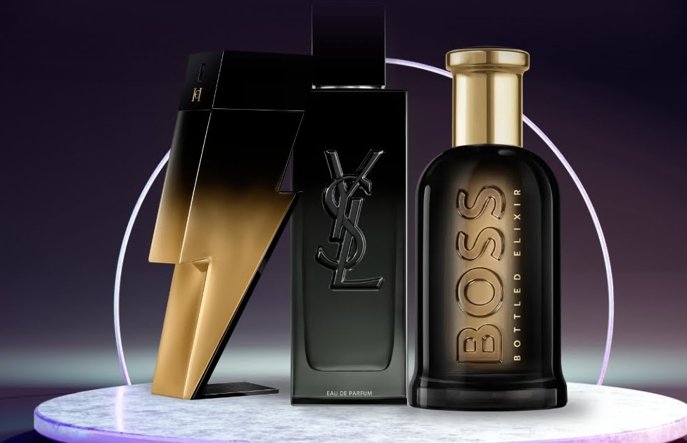 Imagem de fundo com frascos de perfume elegantes